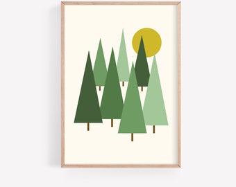 May include: A digital illustration of a forest scene with a yellow sun and green trees. The trees are stylized and geometric in shape.