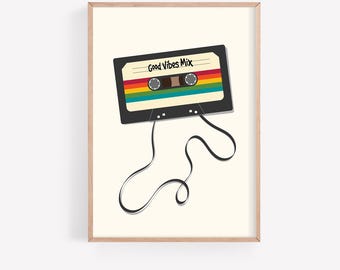 Good Vibes Mix-print, retro cassettebandje kunst aan de muur, cadeau muziekliefhebber, modern decor halverwege de eeuw, digitale download