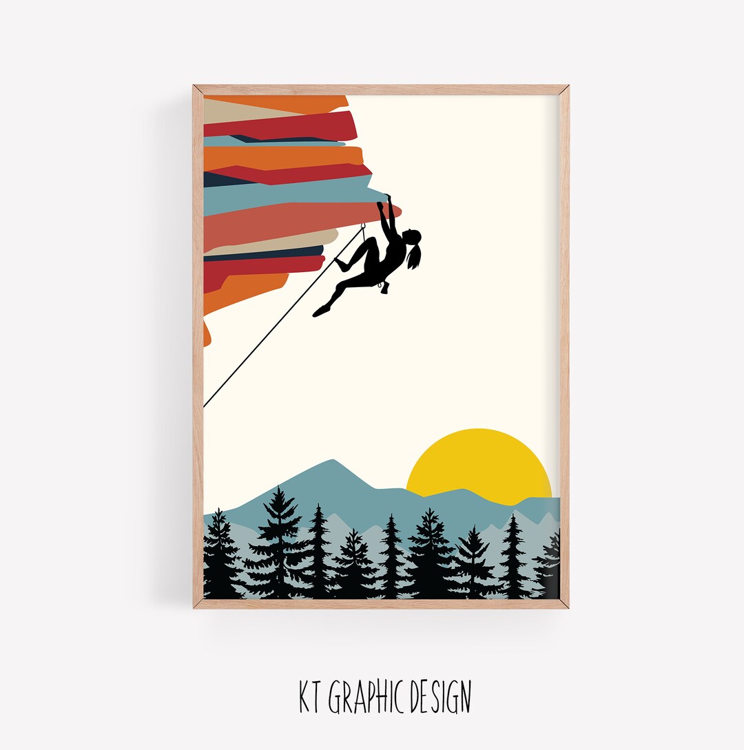 Rock Climbing Wall Art, Rock Climber, Rock Climber Gift, Mid Century Modern, Hiking, Mountains