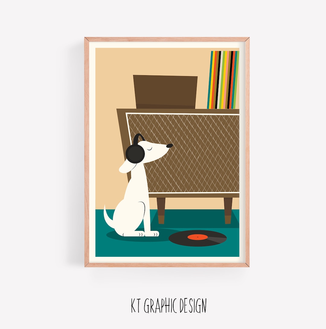 Mid Century Modern Dog Art Print: Music Lover (digital Download