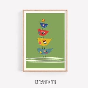 Colorful Birds, Birds, Beautiful Birds, Mid Century Modern, Funny Birds, Wall Art, Garden Birds, Retro Art, Bright Colors,