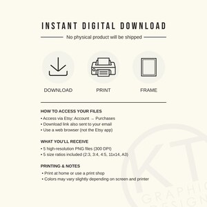 May include: A digital download graphic with the text "INSTANT DIGITAL DOWNLOAD". The image includes icons for download, print, and frame. Details on accessing files, file types, and printing notes are also provided.