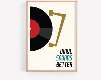 Impression de disque vinyle moderne Mid-Century, art mural musique rétro, vinyle qui sonne mieux, affiche, décor de platine vinyle, téléchargement numérique