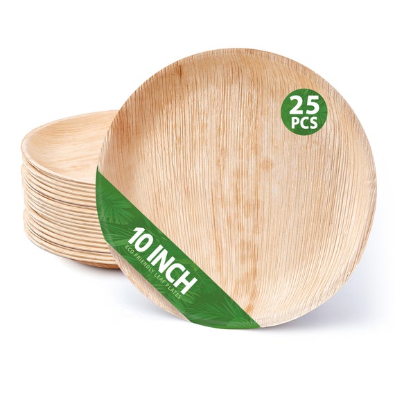 25 Pack of Round Disposable Palm Leaf Plates Set 25 Palm Plates 10 Sturdy,  Elegant, Eco and Compostable Dinnerware by Eko Future 