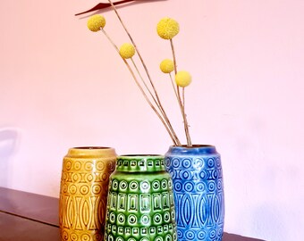 Vintage Scheurich vazen set van 3 okergroen blauw