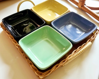 50s dip bowl ceramic with rattan tray offering bowl mint pastel