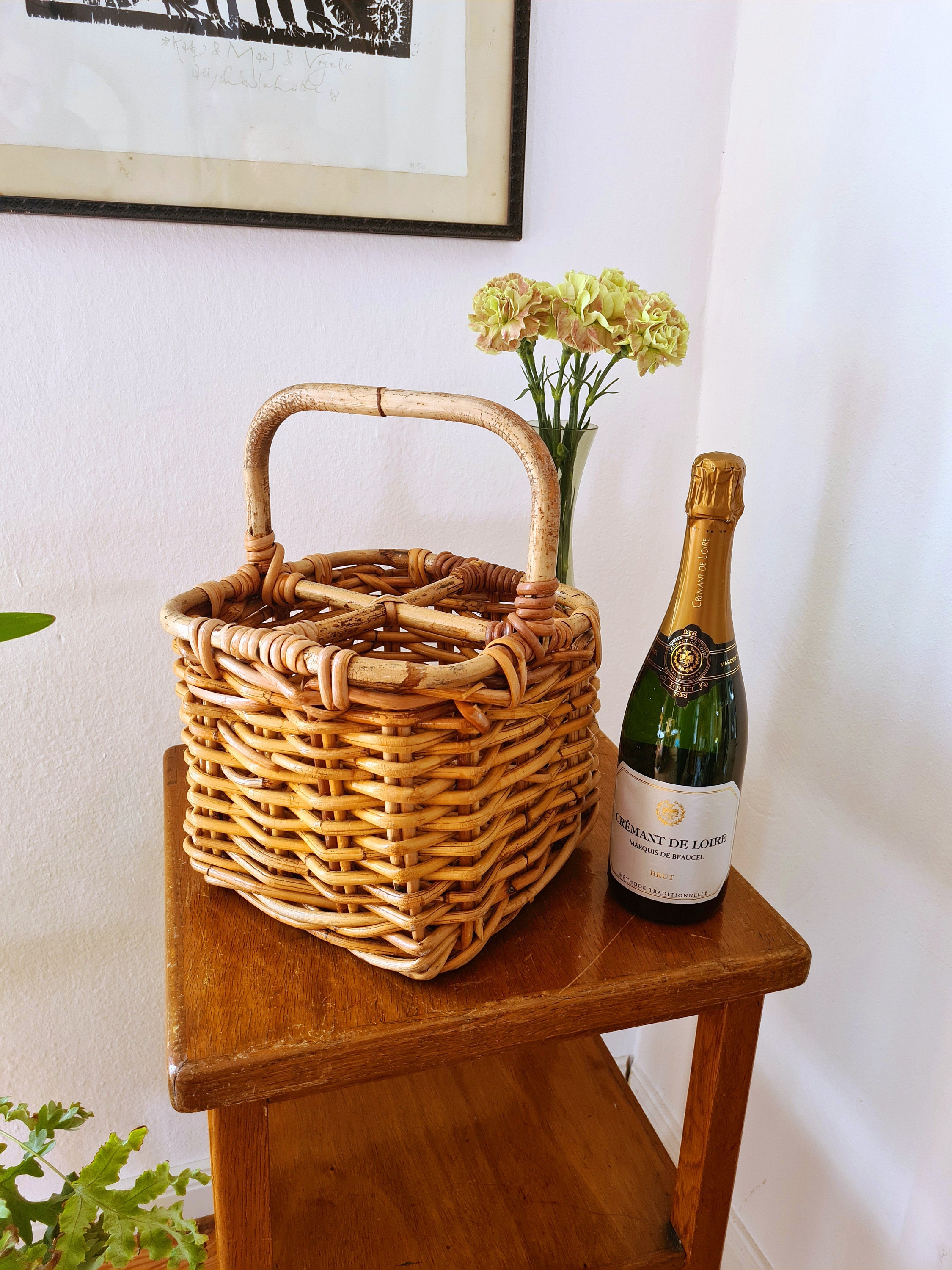 Vintage Rattan Bottle Basket Bottle Carrier