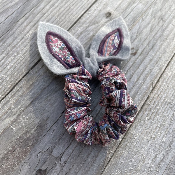 Liberty Paisley Park Print Scrunchie with Bunny Ears - Grey