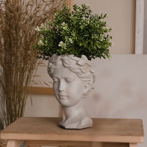 Op de afbeelding: Witte keramische plantenpot in de vorm van een vrouwenhoofd met een groene plant die uit de bovenkant groeit.