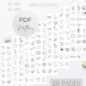 Könnte beinhalten: Eine digitale PDF-Mustersammlung mit 336 Tier-Minimustern auf 28 Seiten. Die schwarz-weiße Strichzeichnung zeigt verschiedene Kreaturen in kreisförmigen Rahmen, mit Größenangaben von 20 mm, 25 mm, 30 mm und 35 mm auf dem Dokument.