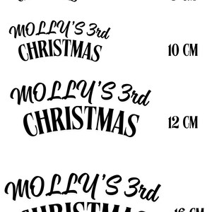 In image_0648e3.jpg, a white background displays four black text designs stacked vertically, demonstrating different size options. Each design features the text "MOLLY'S 3rd CHRISTMAS" arranged in an arching layout, with "MOLLY'S 3rd" written in a stylized cursive script on the top line and "CHRISTMAS" written below it in all-caps block lettering.