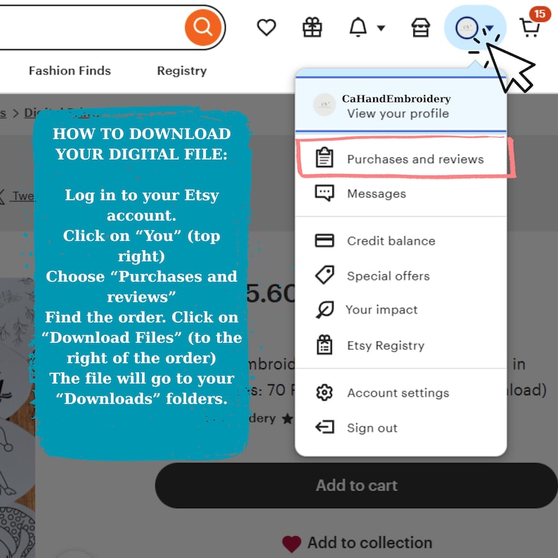 In image, a white dropdown menu is overlaid on an Etsy website interface with a blue header. A large, stylized light blue oval graphic on the left contains instructions for downloading digital files. A cursor points to the "You" menu icon, indicating the action of clicking to reveal the menu.