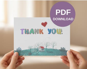 Afdrukbare bedankkaart met borduurletters: rustieke landschapskunst (pdf)