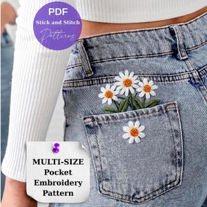 Modèle de broderie à la main pour poche marguerite (PDF) - Broderie bâton et point - Motif floral sauvage pour vêtements, jeans, vestes, chemises, personnalisation DIY - Téléchargement