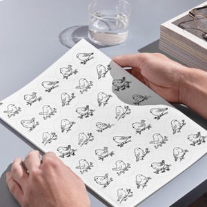 A high-angle photograph showing a person's hands holding a large white sheet on a smooth, grey desk surface. The sheet, referenced as image, contains several rows of large circular templates, each displaying a detailed black line-art illustration of a bird perched on a branch. In the upper portion of the background, a clear glass of water, a stack of books, and a pair of eyeglasses are arranged under clean, bright lighting that casts soft shadows across the setup.