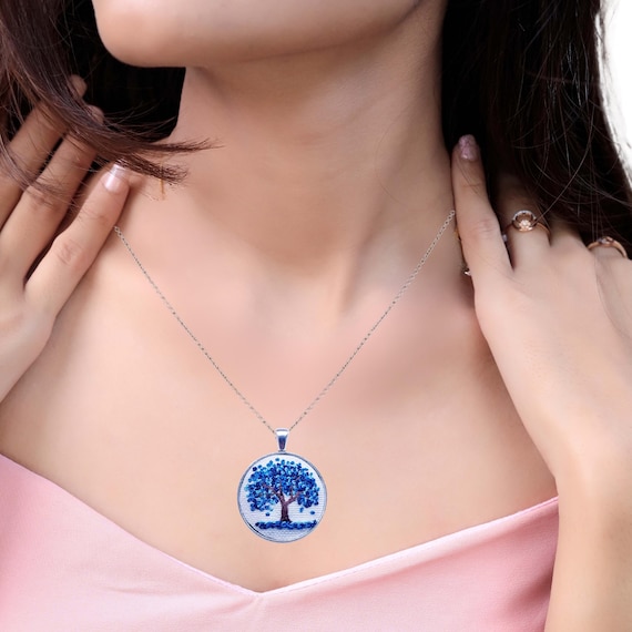 Hand Embroidered Tree Pendant Necklace: Blue Blossom Botanical