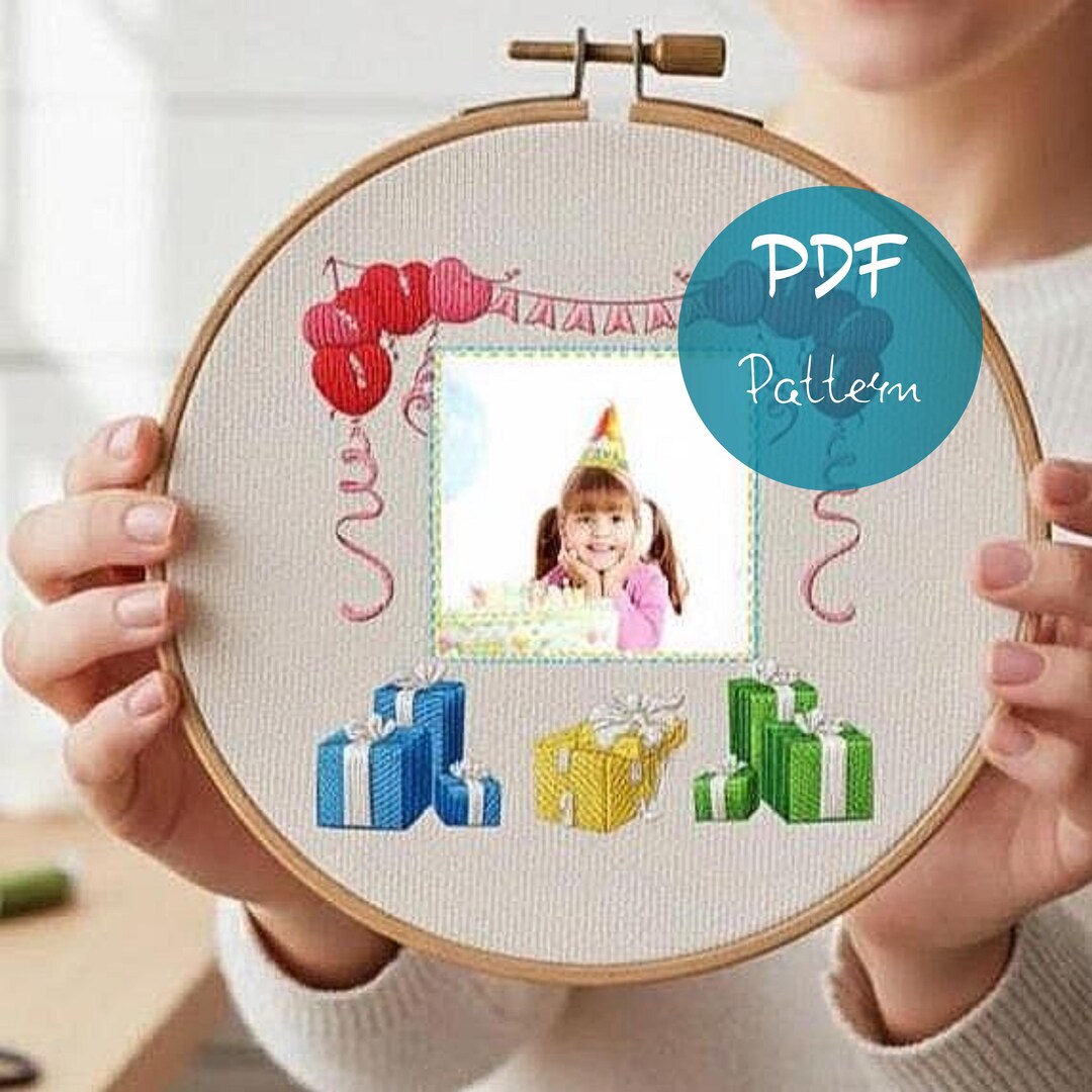 Birthday Photo Frame Embroidery Pattern: Balloons, Gifts, Banner (PDF ...