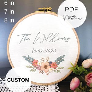 Aangepaste bruiloft borduurpatroon Stick- en steeknamen Gepersonaliseerde pdf Moderne familiekrans Verjaardag cadeau-idee met DMC-kleurcodes