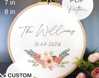Custom Wedding Embroidery Pattern Stick and Stitch Names Personalized PDF Modern Family Wreath Anniversary Gift Idea with DMC Color Codes