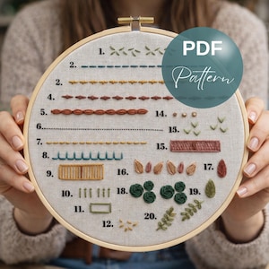 Beginner Embroidery Stitches Guide Stick and Stitch Pattern Basic Printable Practice Sampler Digital Download Essential Visual Reference DIY
