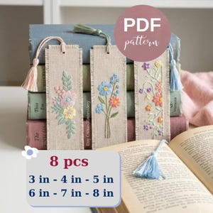 Patrón de bordado de marcapáginas, puntada y costura, margarita, rosa, trazado a mano en PDF, paquete de 8 diseños florales, regalo para amantes de los libros, imprimible para hacer tú mismo, estabilizador.