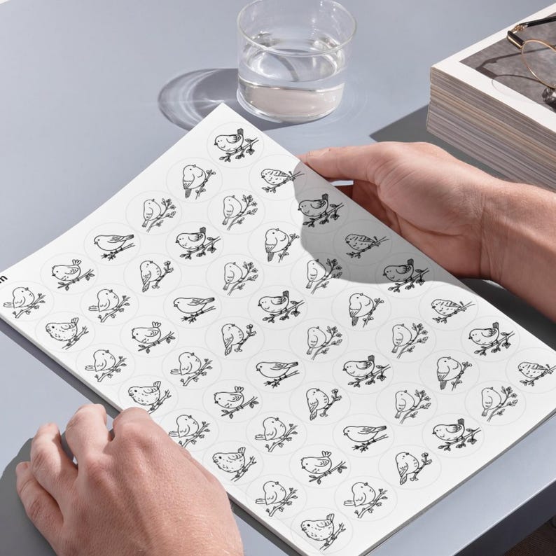 A high-angle photograph showing a person's hands holding a large white printed sheet on a smooth, grey desk surface. The sheet, referenced as image_a8dfe7.jpg, is densely filled with rows of circular templates, each featuring a detailed black line-art illustration of a bird perched on a botanical branch. In the background, a clear glass of water, a stack of books, and a pair of eyeglasses are neatly arranged under bright, clean lighting that casts soft shadows.