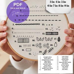 May include: A wooden embroidery hoop containing a white fabric sampler with twenty numbered black line art embroidery stitch patterns. A white paper note displays the text Multi-Size 3 in-4 in-5 in-6 in-7 in-8 in-9 in. A legend lists the twenty stitch names.