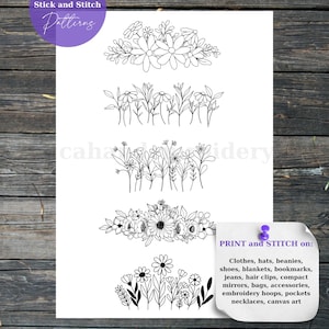 May include: A white sheet featuring five black and white floral embroidery patterns. Text includes "PDF Stick and Stitch Patterns" and "5 Pcs / Multi-Size". The bottom reads "Printable Hand Embroidery Patterns". Suitable for various items.