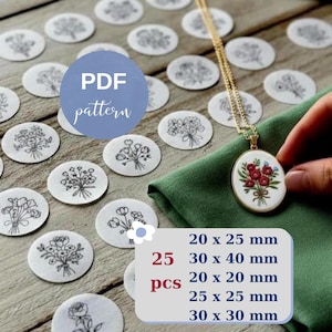 Paquete de 25 patrones de bordado floral en miniatura, 25 diseños de puntada de ramillete, pequeños motivos florales para collares y colgantes ovalados en formato PDF.
