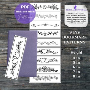 9 Floral Bookmark Hand Embroidery Stick and Stitch Patterns, Botanical Designs, Water Soluble Transfer Stickers, PDF Download Beginner Craft