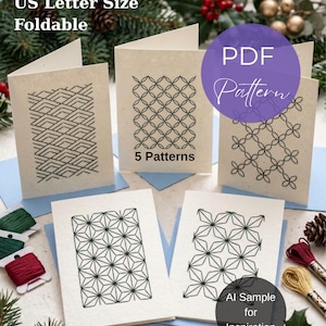 Könnte beinhalten: Fünf gefaltete Karten mit schwarzen geometrischen Linienmustern auf cremefarbenem Papier. Der Text lautet US Letter Size Foldable, PDF Pattern, 5 Patterns und AI Sample for Inspiration. Die Karten sind mit Stickgarnspulen abgebildet.