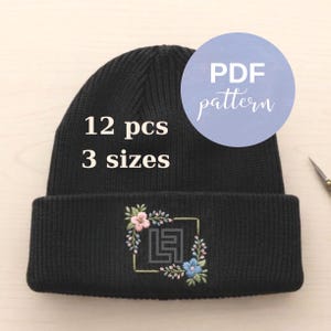 Floral Beanie Stick and Stitch, Embroidery PDF for Hat Logo Border, Hand Embroidery Pattern, Instant Download 12 pcs Template 3 sizes