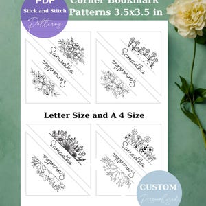 Peut inclure: Feuille blanche avec huit motifs de marque-pages d'angle personnalisés. Chaque motif de marque-page présente des illustrations florales et le nom "Samantha". Le texte indique "8 motifs de marque-pages d'angle personnalisés 8,89x8,89 cm."