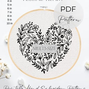 Patrón de bordado de corazón floral: Ramo botánico para bastidor (plantilla PDF)