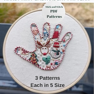Christmas Handprint Stick and Stitch Embroidery Pattern PDF, Personalized Baby and Kid Christmas Keepsake, 3 Designs in 5 Sizes