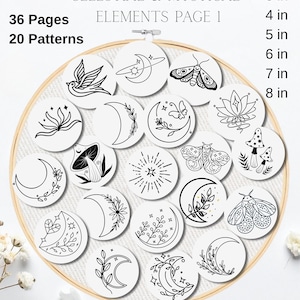 May include: Printable hand embroidery patterns featuring celestial and mystical designs. The image shows 20 patterns, each with a different design, including moons, moths, and floral elements. The patterns are available in sizes from 2 to 8 inches.