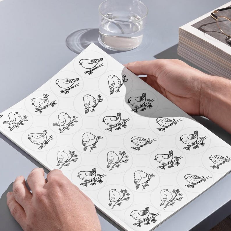 A high-angle photograph showing a person's hands holding a large white sheet on a smooth, grey desk surface. The sheet, referenced as image, contains several rows of large circular templates, each displaying a detailed black line-art illustration of a bird perched on a branch. In the upper portion of the background, a clear glass of water, a stack of books, and a pair of eyeglasses are arranged under clean, bright lighting that casts soft shadows across the setup.
