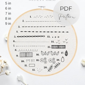 Beginner Embroidery Stitches Guide: 20 Basic Stitching Practice Sampler (PDF Pattern)