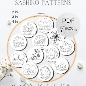 Sashiko Handstickerei Muster Stickstich PDF Download Mini Botanische Blumen Designs Printable Hoop Pattern Set Digital Pack 2-3-4 Inch