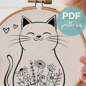 Floral Cat Hand Embroidery Pattern PDF Modern Animal Design Botanical Kitten Stick Stitch Digital Download Multi Size Hoop Art Needlecraft