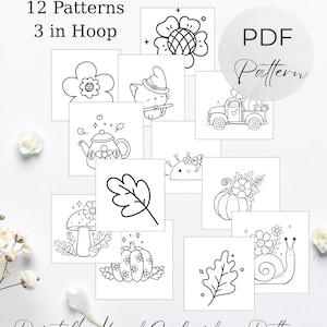 Herbst Stick und Stitch Handstickerei druckbare PDF Muster Herbst Pilz Kürbis Schnecke Vintage LKW Katze Blatt Blume DIY Kleidung Design