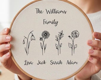 Personalized Family Birth Flower Hand Embroidery Pattern, Custom Family Keepsake, Stick and Stitch Garden Print, Botanical Art Floral PDF