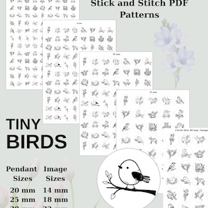 Puede incluir: Una colección de patrones PDF de bordado a mano Stick and Stitch con pájaros pequeños. Las hojas muestran varias ilustraciones de aves en tinta negra sobre fondos blancos, con tamaños de colgante indicados de 20 mm, 25 mm, 30 mm, 35 mm y 40 mm.