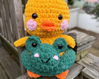 Mr Quacky Duck Amigurumi Crochet Plushie with Frog Friend Floaty