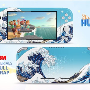 May include: A blue and white Nintendo Switch Lite console skin with a Japanese wave design. The skin is made with 3M materials and is a full wrap. The text "Sticky Hug" is in the upper right corner of the image.