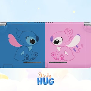 May include: A pink and blue Nintendo Switch Lite console skin featuring Stitch and Angel from the Disney movie Lilo & Stitch. The skin has the text "Sticky Hug" printed on the bottom.