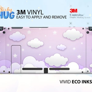 May include: A pink and white Nintendo Switch console skin with a cloud and star design. The skin is made with 3M vinyl and is easy to apply and remove. The skin is printed with vivid eco inks.