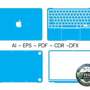 Può includere: Un set di file di taglio digitale per un laptop, con viste dall'alto, tastiera, dal basso e schermo in blu brillante. Il logo Apple è visibile sulla vista dall'alto. L'immagine include il testo "AI - EPS - PDF - CDR - DFX" e un badge che dice "DIGITAL CUT FILES TESTED QUALITY ASSURED COMPATIBILE CON TUTTI I DISPOSITIVI."