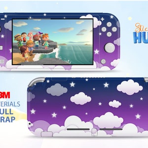May include: A purple and blue Nintendo Switch Lite console skin with a cloud and star pattern. The skin is made with 3M materials and is a full wrap. The text "Sticky Hug" is in the top right corner of the image.