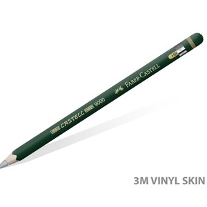 May include: A green Faber-Castell 9000 pencil with a 3M vinyl skin and a HB lead. The pencil is on a white background.